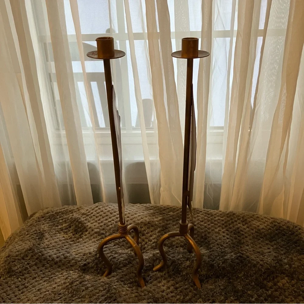 Set of Vintage, Folk Art Style, Farmhouse Santa Claus 19” Metal‎ Candle Holders